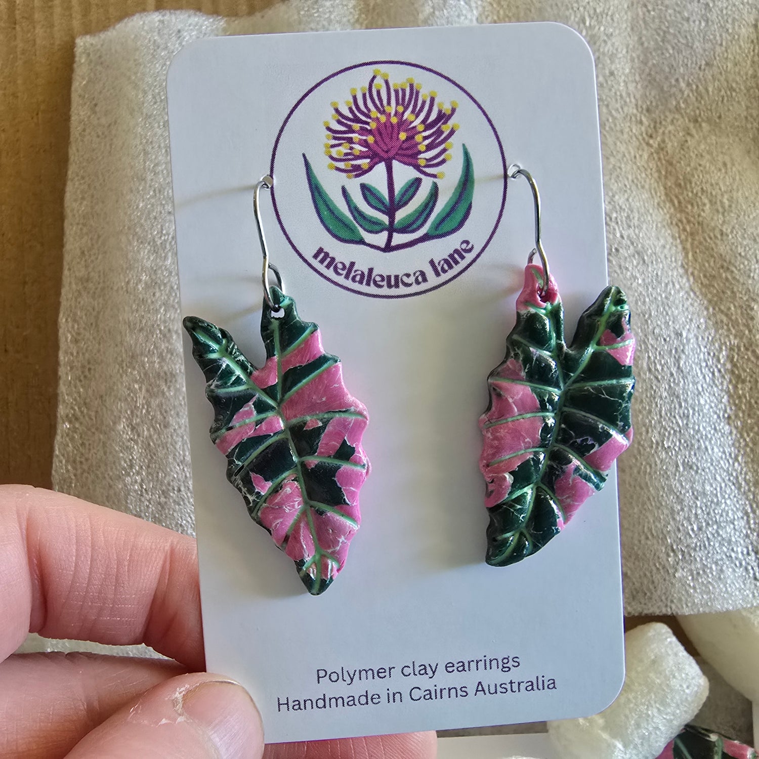 Alocasia Amazonica Pink Variegated Dangle Houseplant Clay Earrings