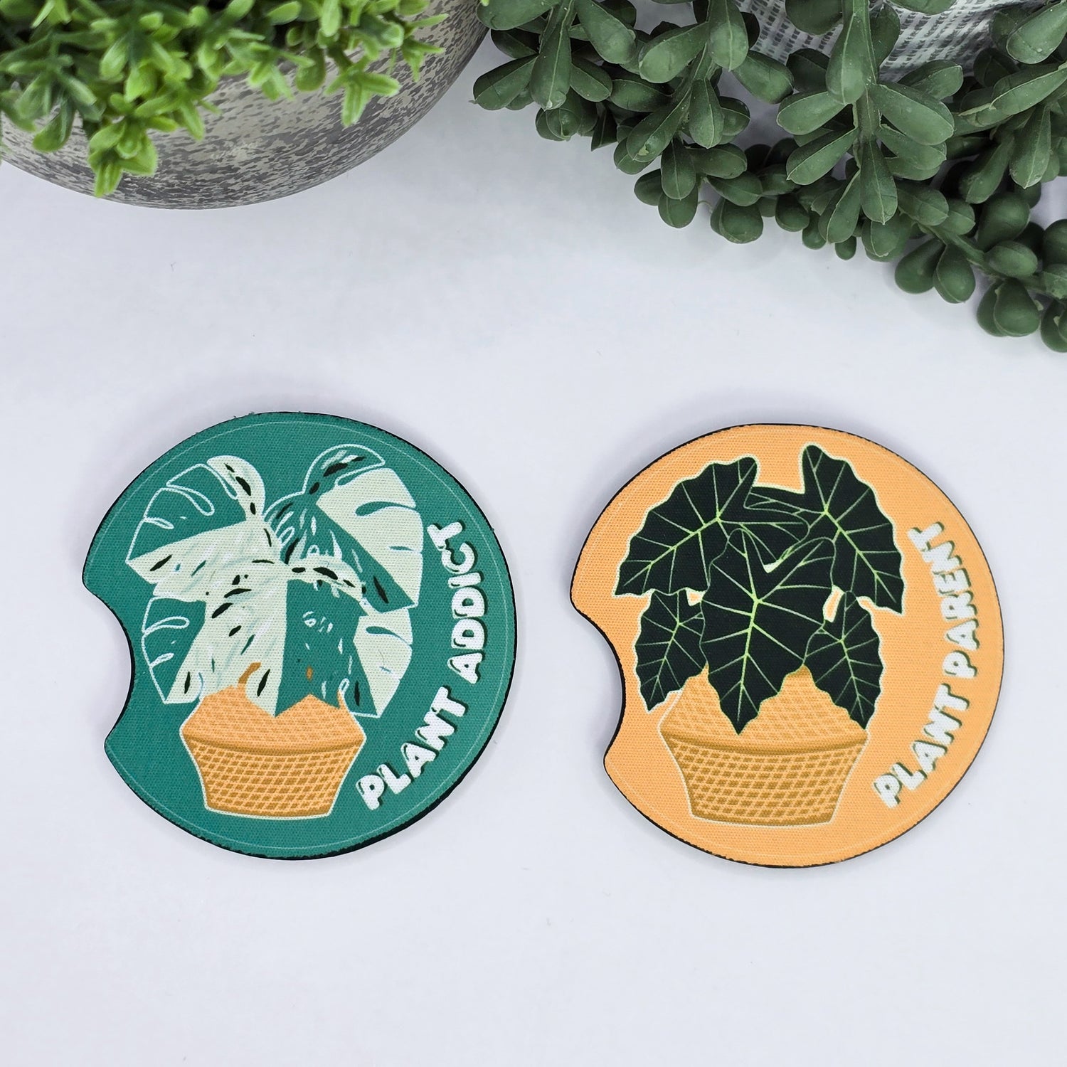 Plant Addict & Plant Parent Mixed Set of Houseplant Car Coasters - Set of 2, Car Cup Holder Coasters