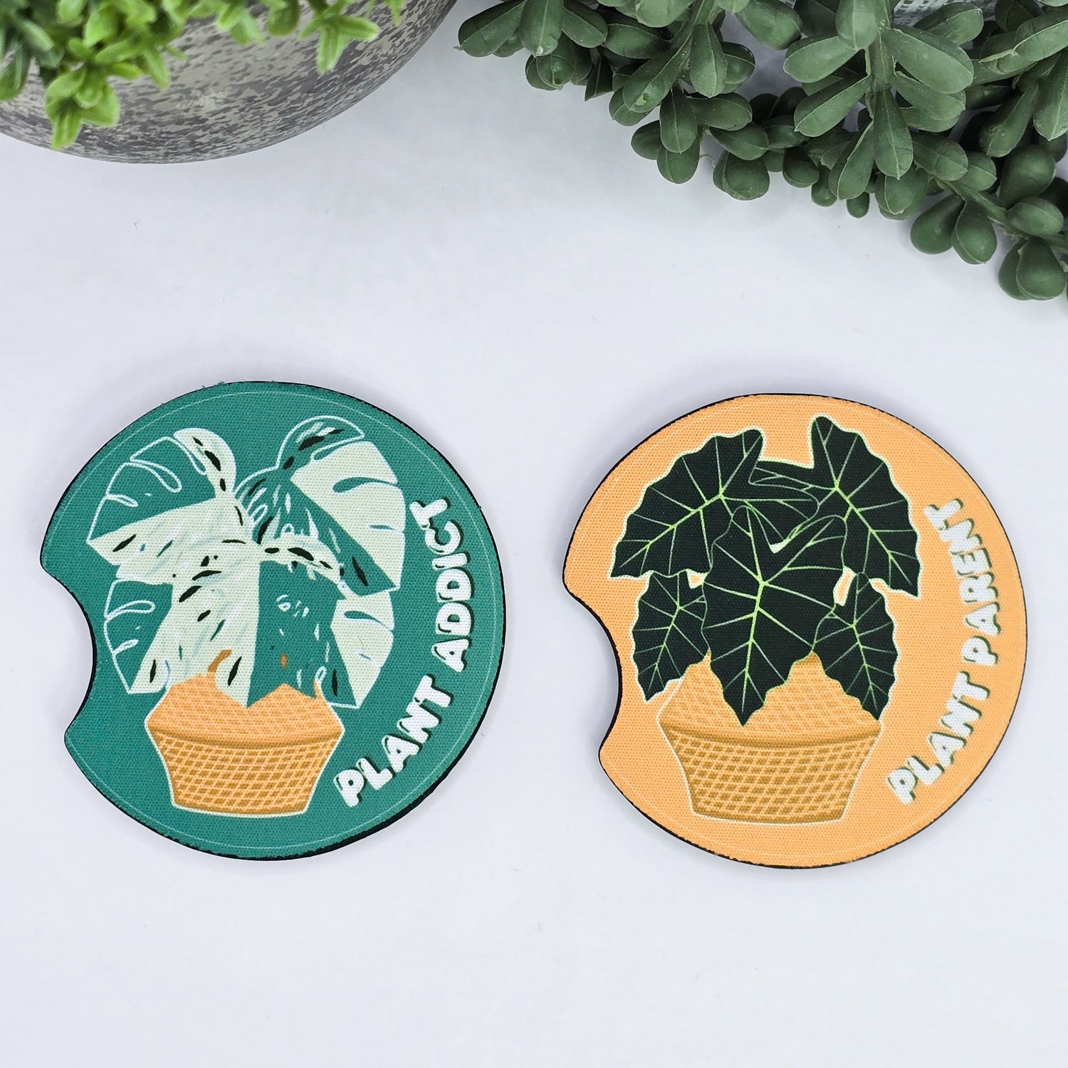 Plant Addict & Plant Parent Mixed Set of Houseplant Car Coasters - Set of 2, Car Cup Holder Coasters