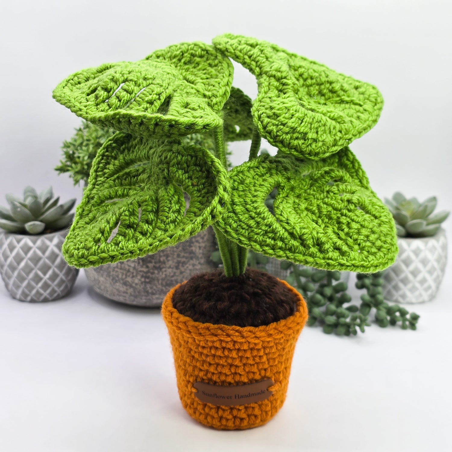 Mini Crochet Monstera Potted Plant With Orange Pot