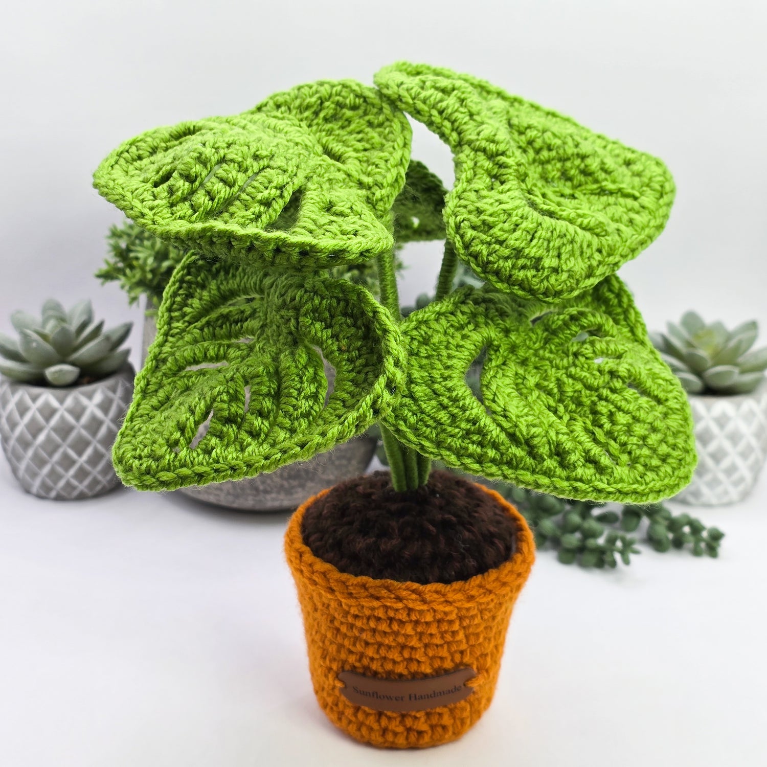 Mini Crochet Monstera Potted Plant With Orange Pot