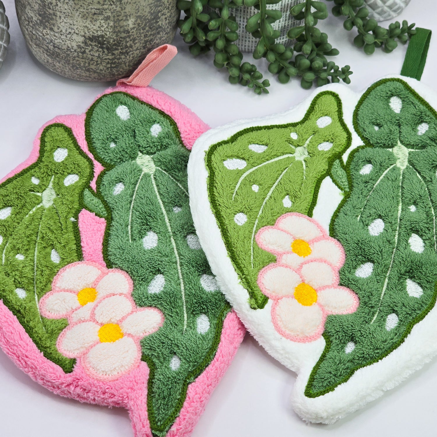 Begonia Leaves Pink or White w/ Flowers Houseplant design coral fleece hand towel / kitchen Towel