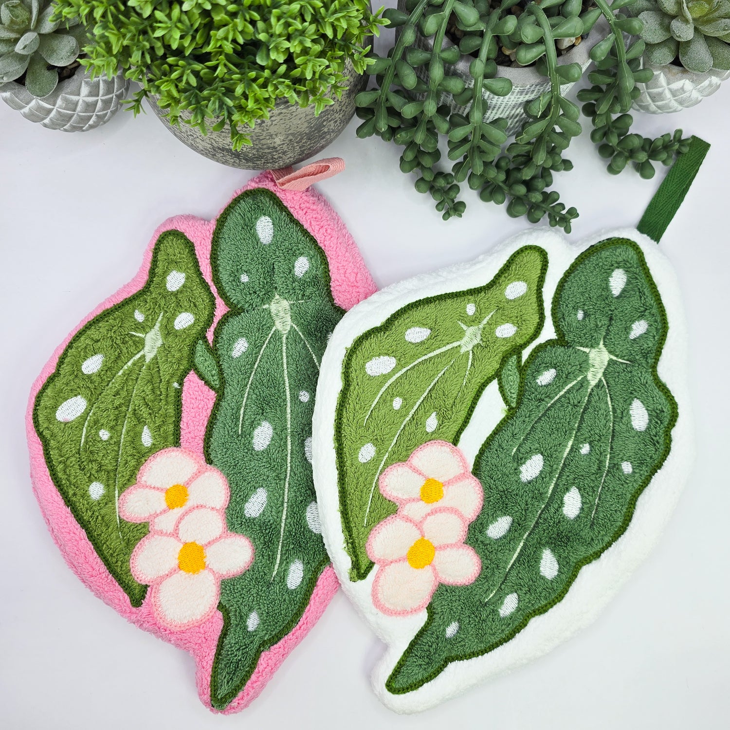 Begonia Leaves Pink or White w/ Flowers Houseplant design coral fleece hand towel / kitchen Towel