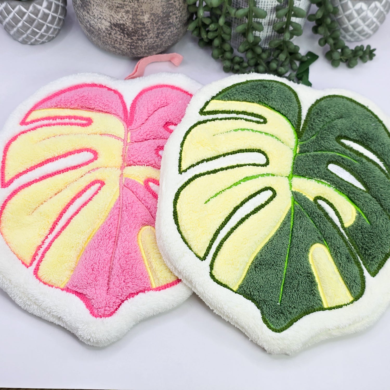 Monstera Variegated Green or Pink Leaf Houseplant design coral fleece hand towel / kitchen Towel