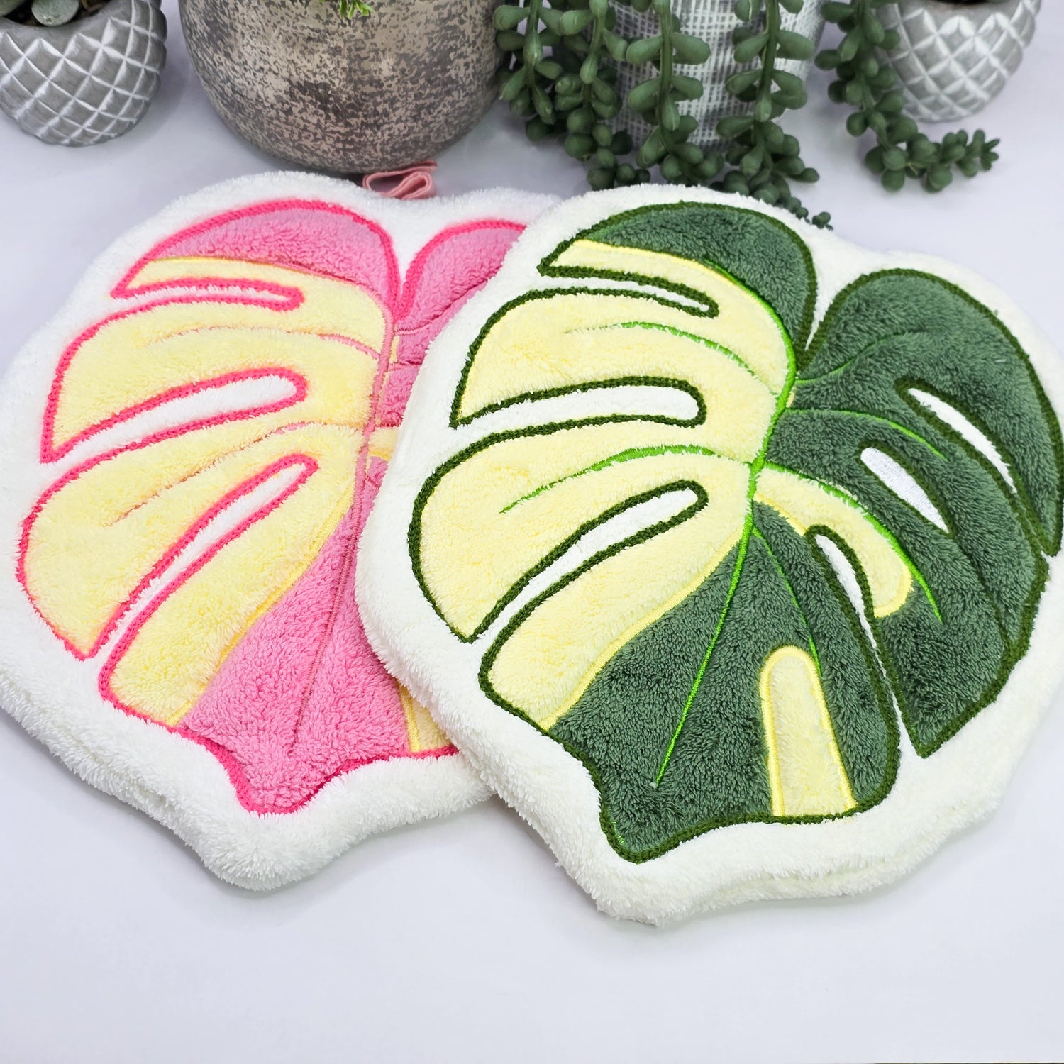Monstera Variegated Green or Pink Leaf Houseplant design coral fleece hand towel / kitchen Towel