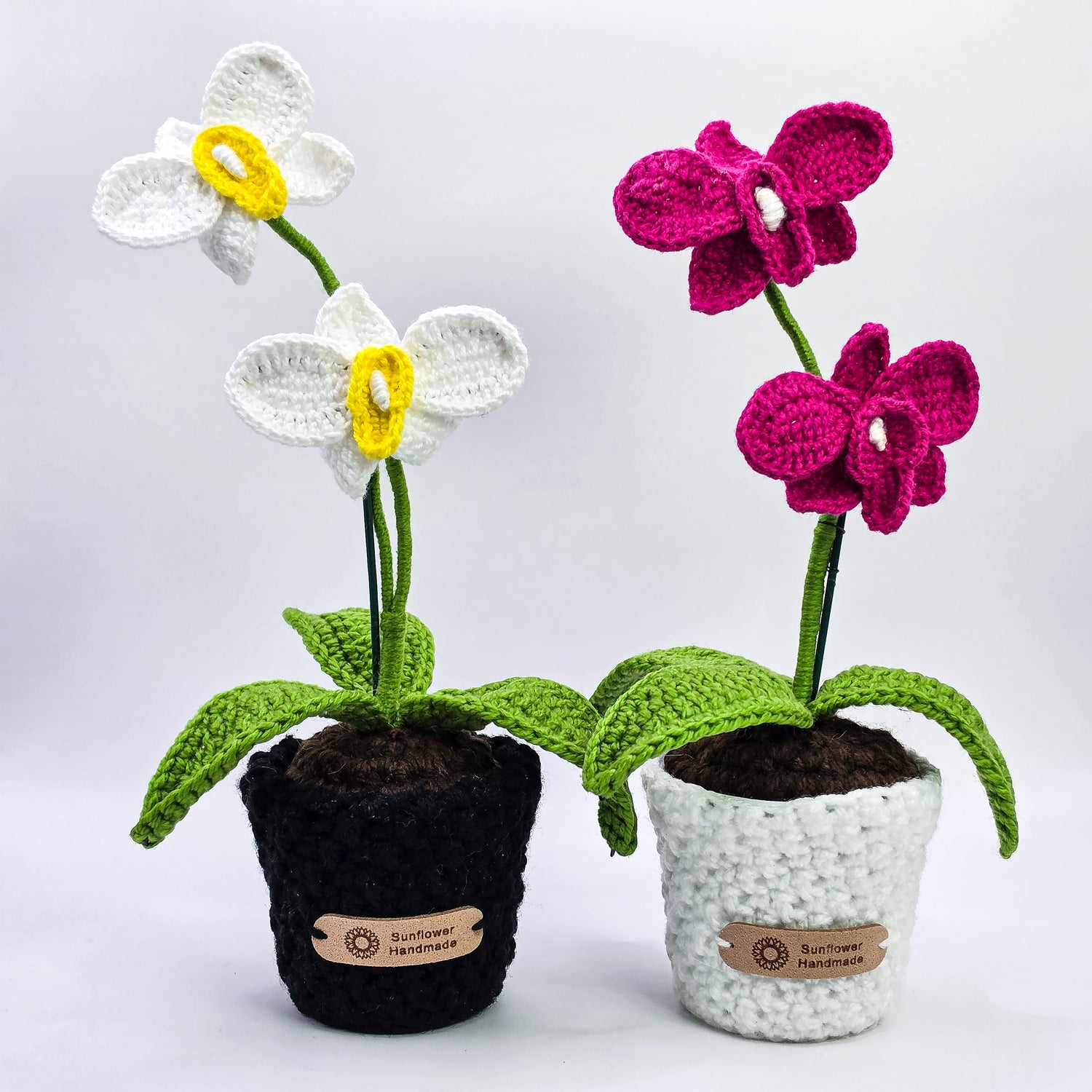 White | Hot Pink Mini Crochet Potted Orchids | Handmade