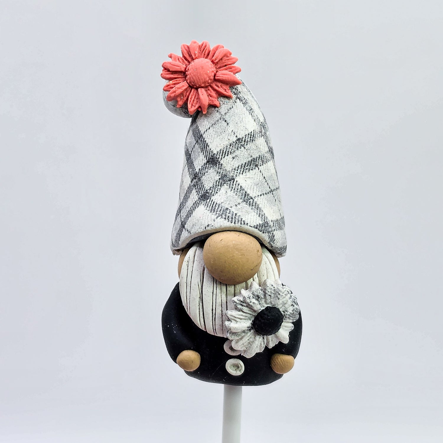 Black & Grey Handmade Polymer Clay Pot Plant Gnome With Flowers
