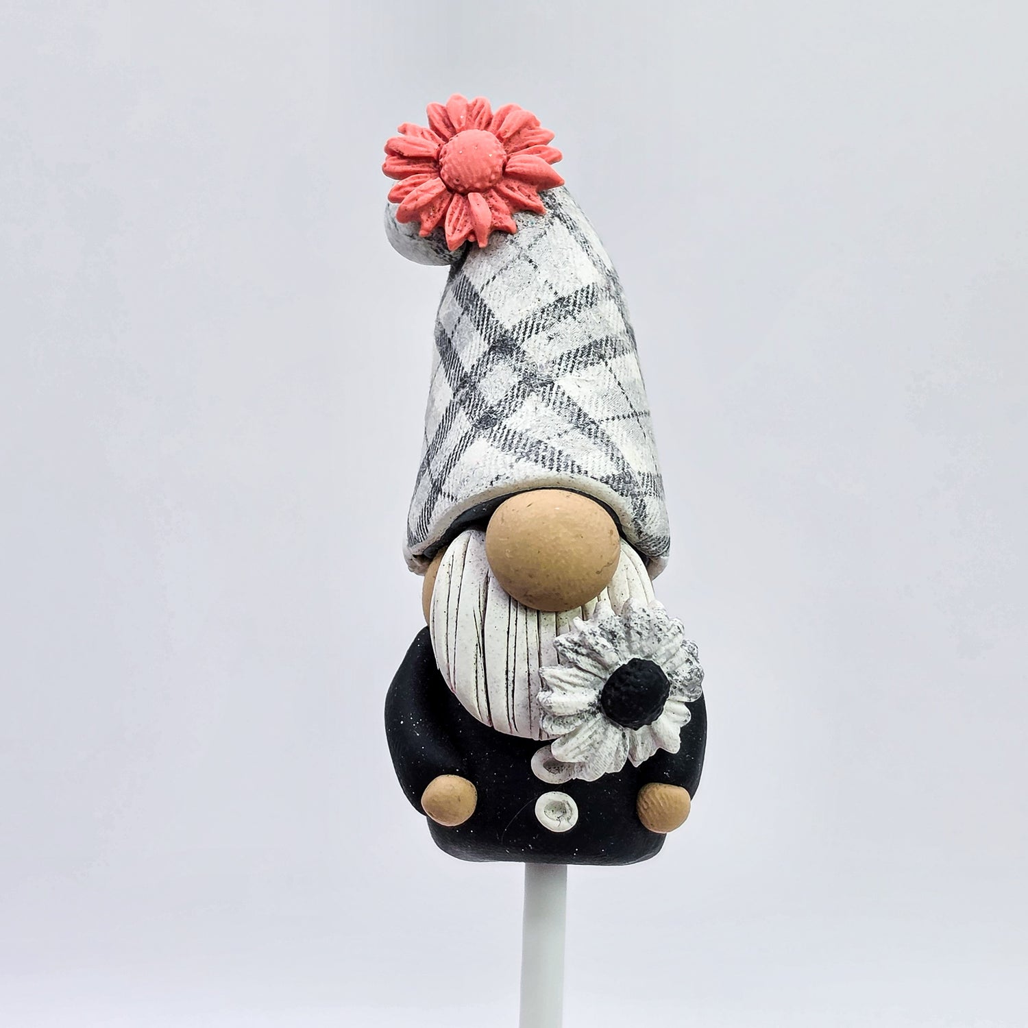 Black & Grey Handmade Polymer Clay Pot Plant Gnome With Flowers
