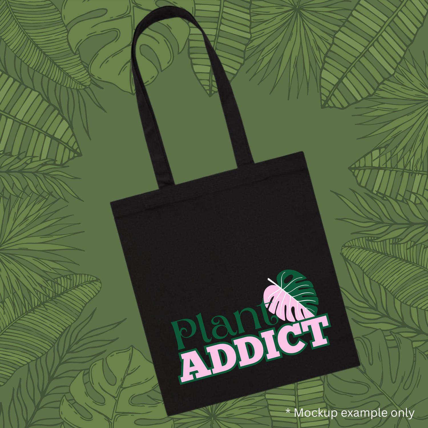 Plant Addict Pink Monstera Leaf Black Cotton Tote / Shoulder Bag