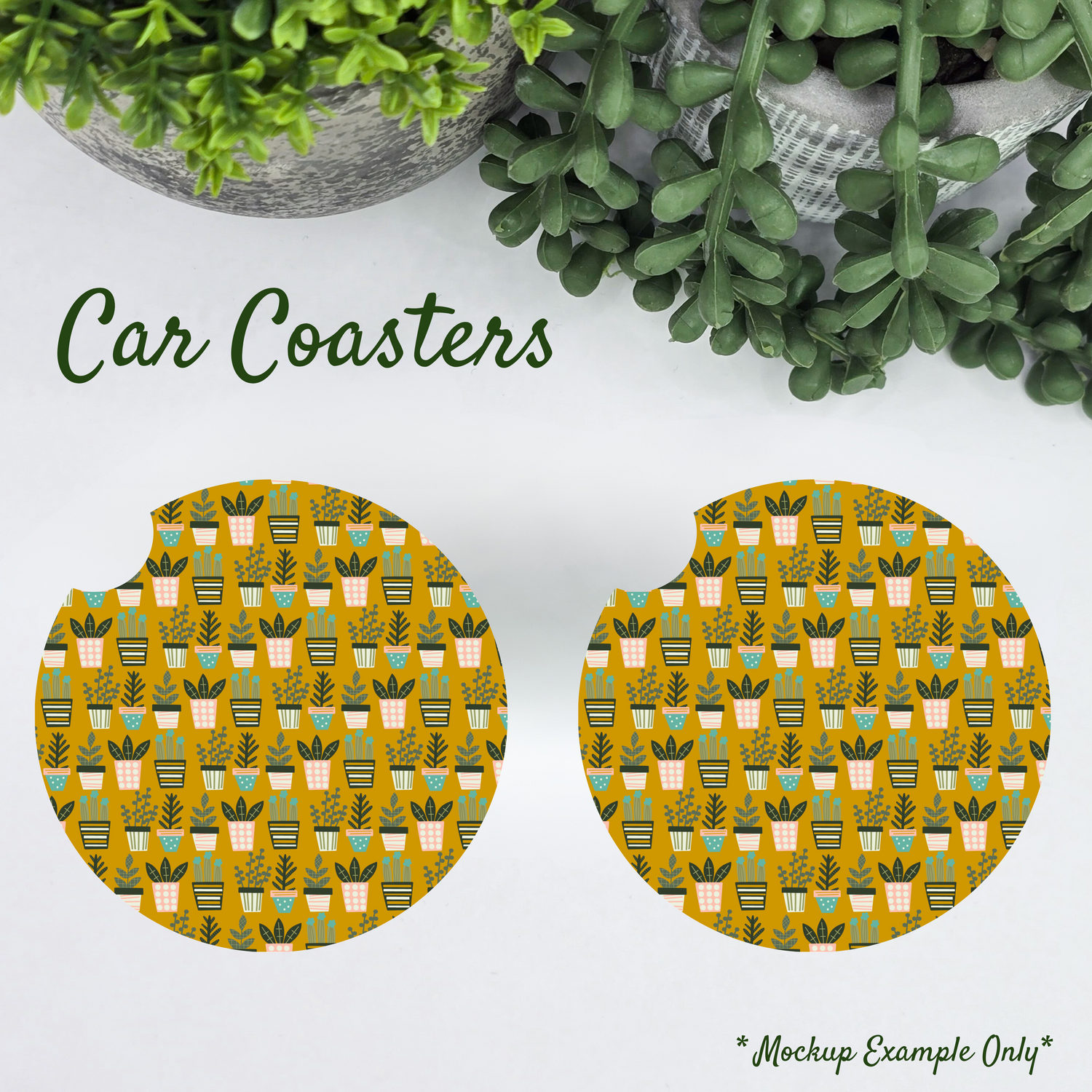 Mustard Potted Plants Car Coasters - Set of 2