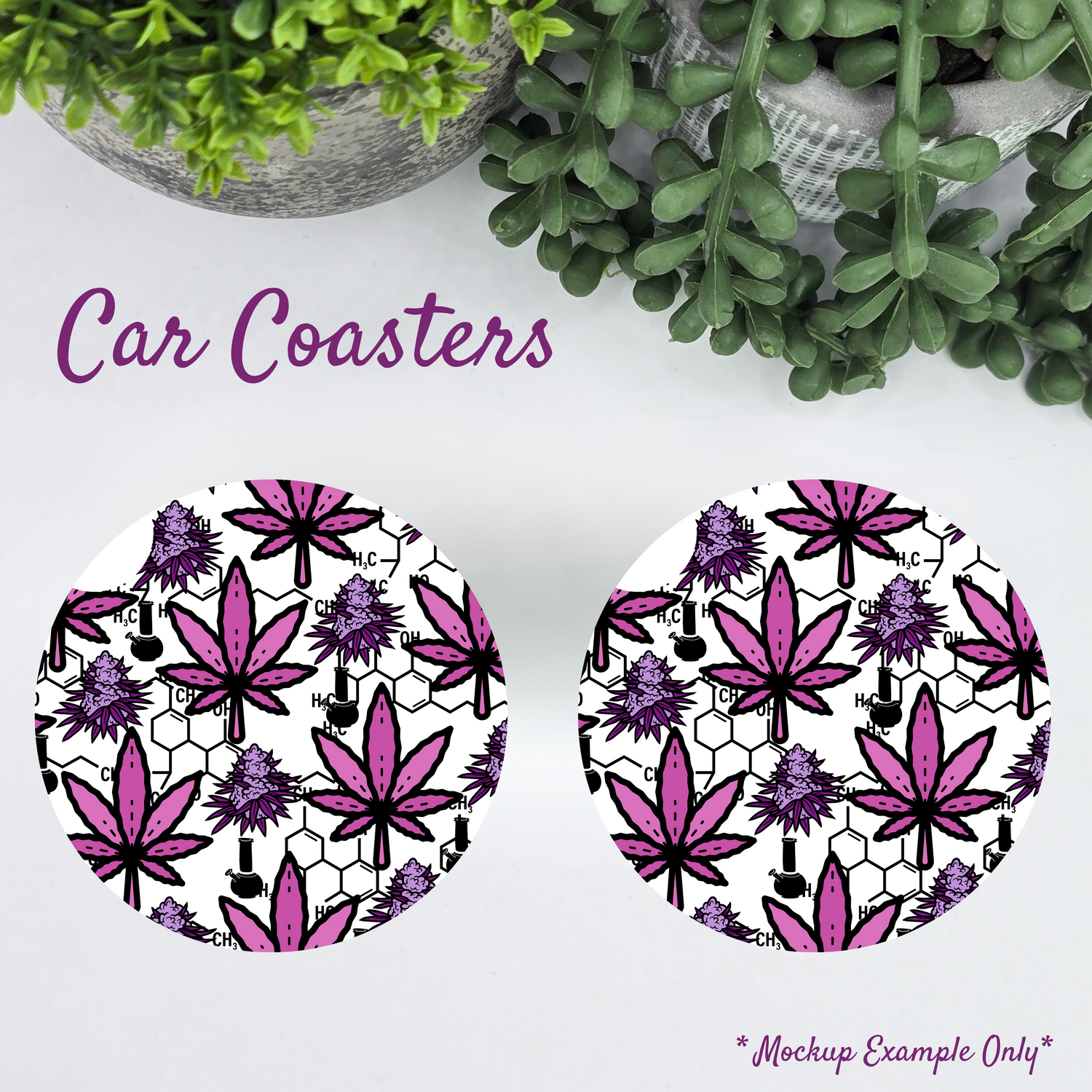 Pink & Purple Cannabis/Marijuana Leaf Car Coasters - Set of 2