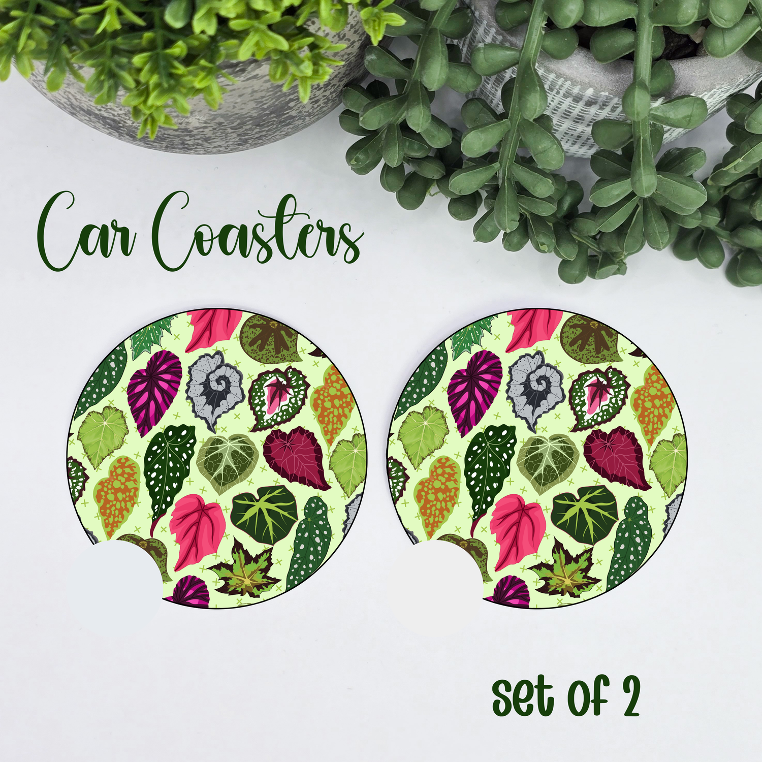 Beautiful Begonia Leaves Houseplant Car Coasters - Set of 2, Car Cup Holder Coasters