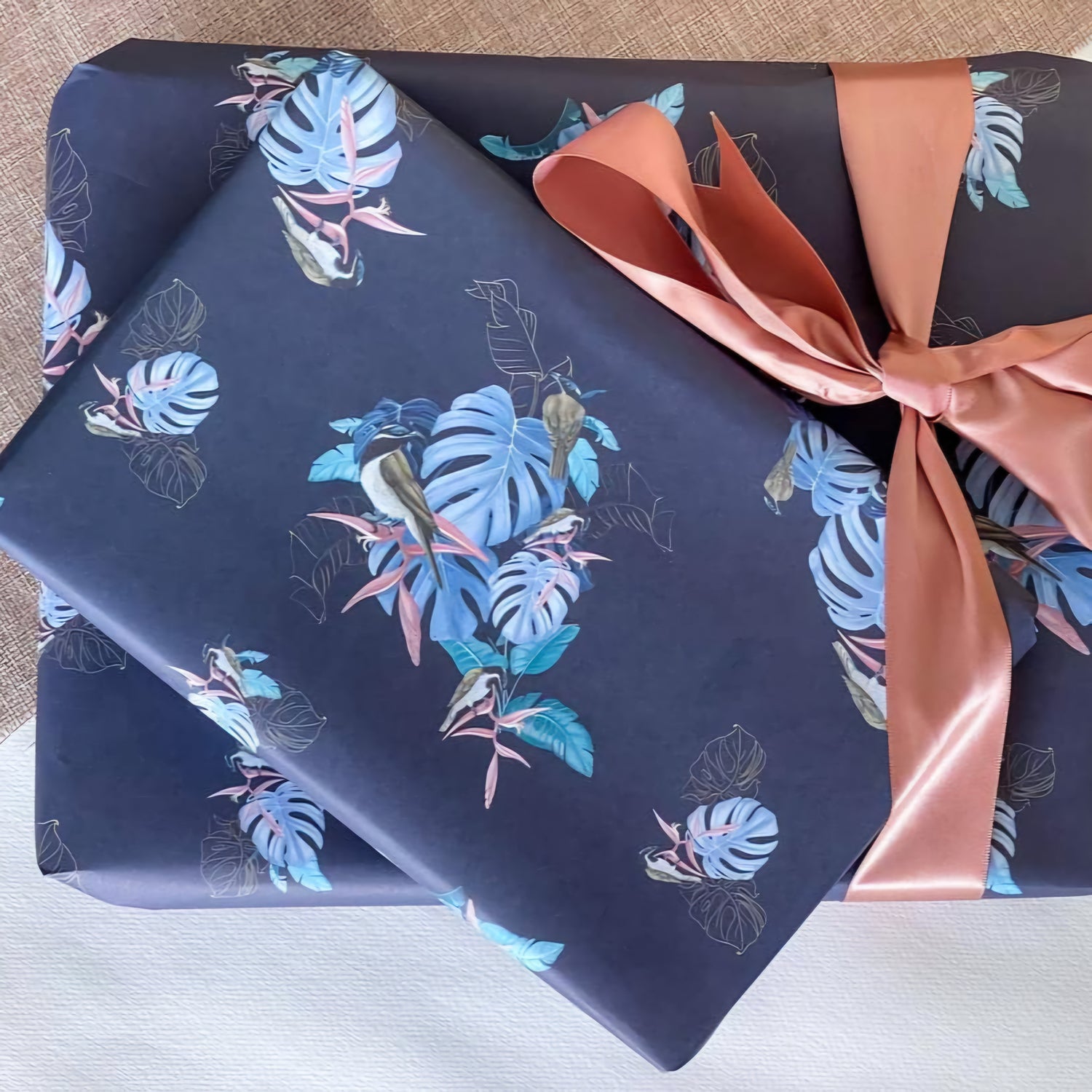 Monstera Tropical Navy Blue & Gold plant Wrapping Paper