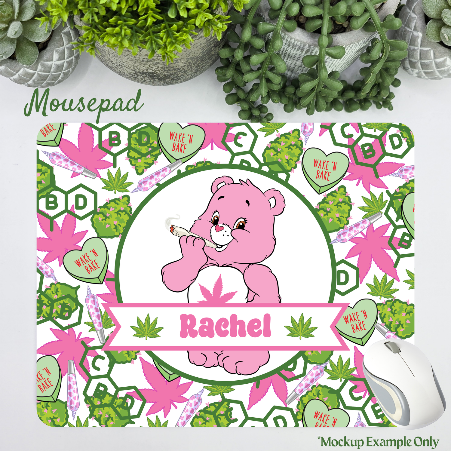 Pink Care Bear Weed Themed Computer Mousepad, Marijuana/Cannabis/Pot Themed Mouse Mat