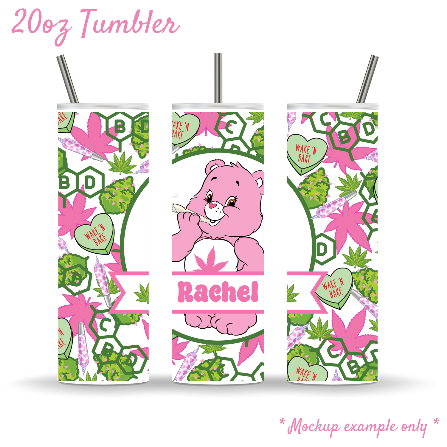 Pink Care Bear Weed Themed Personalised 20oz Insulated Stainless Steel Tumbler, Marijuana/Cannabis