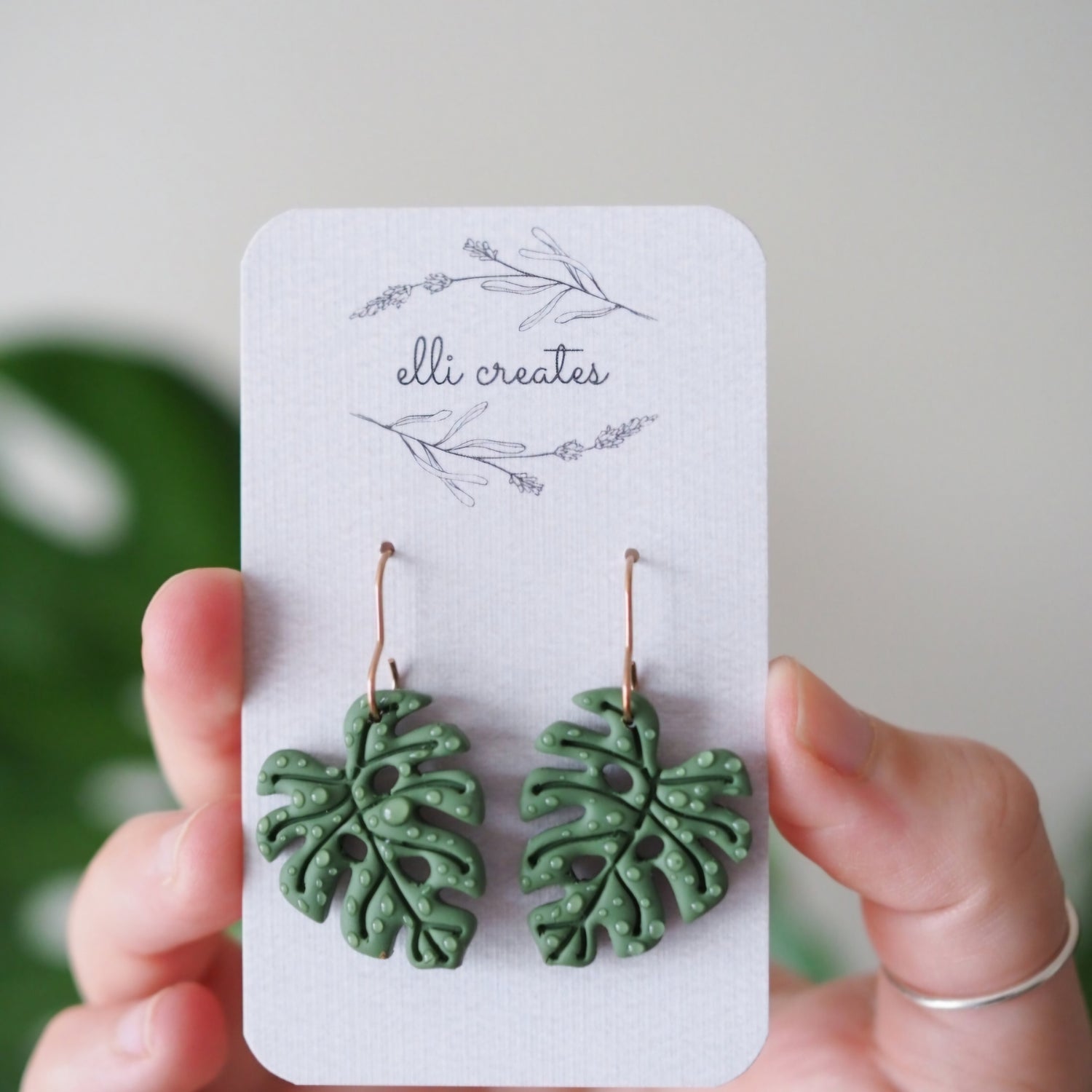 Monstera Leaf Polymer Clay Plant Earrings - Green