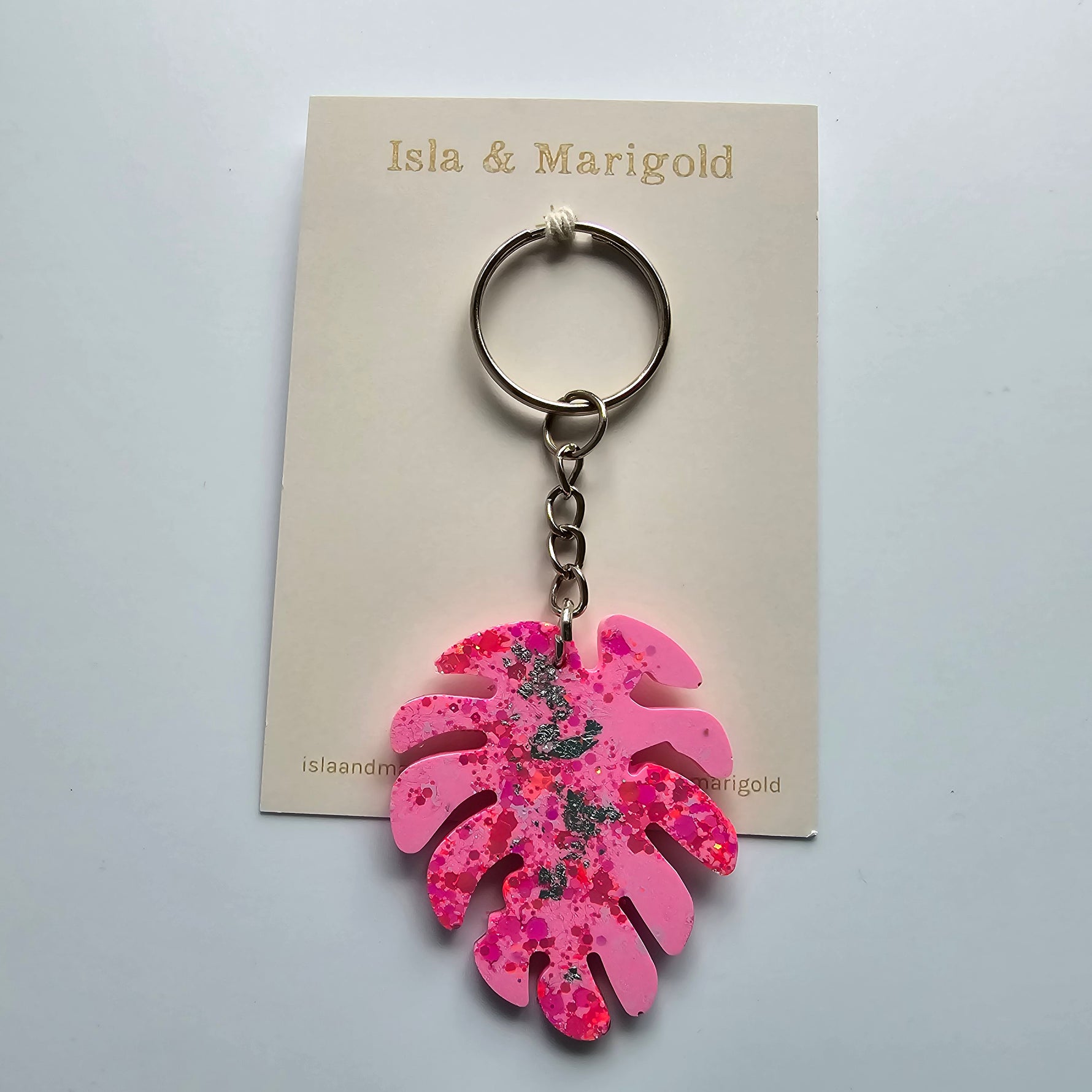 Pink monstera leaf glitter resin keyring