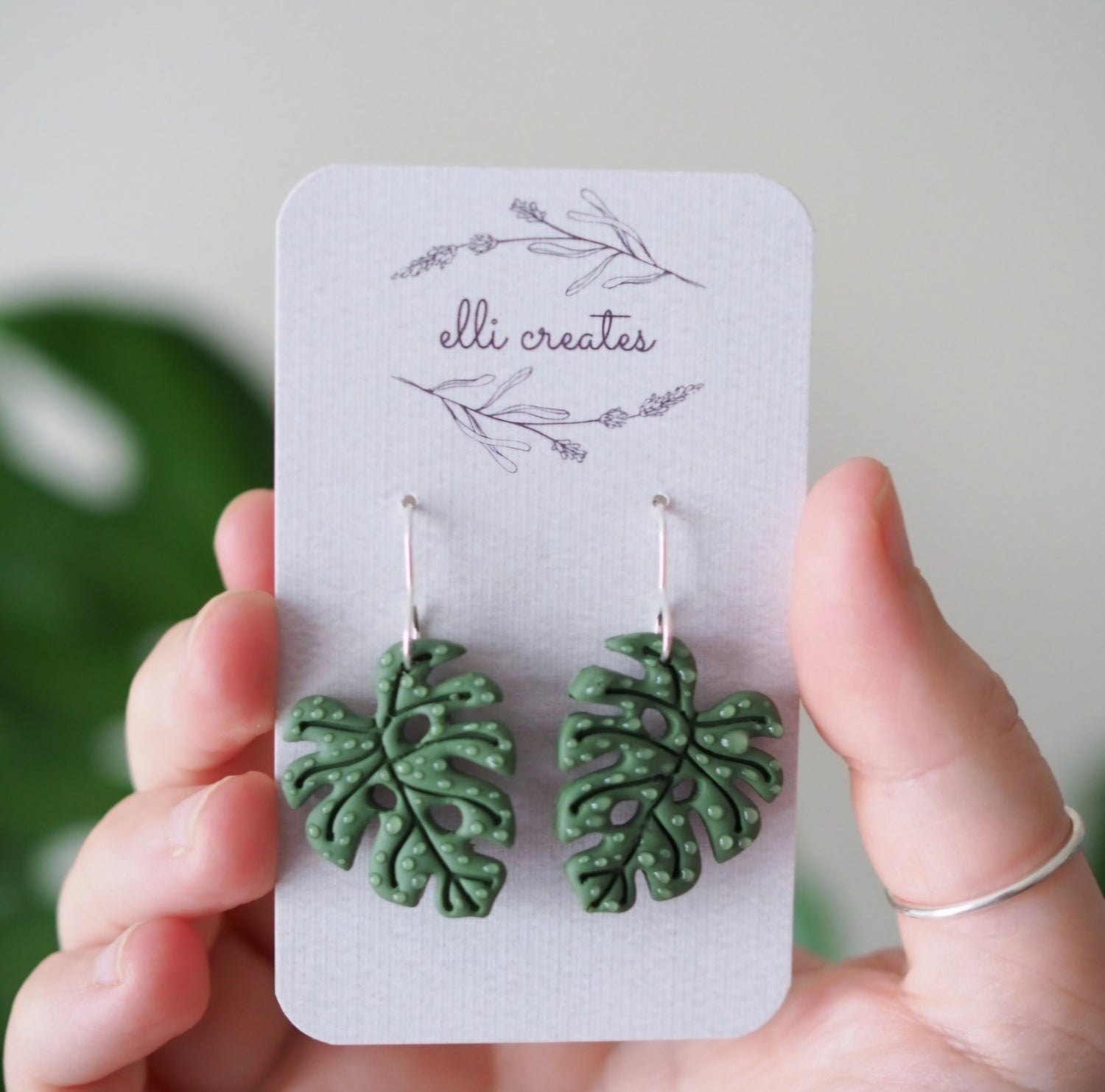 Monstera Leaf Polymer Clay Plant Earrings - Green