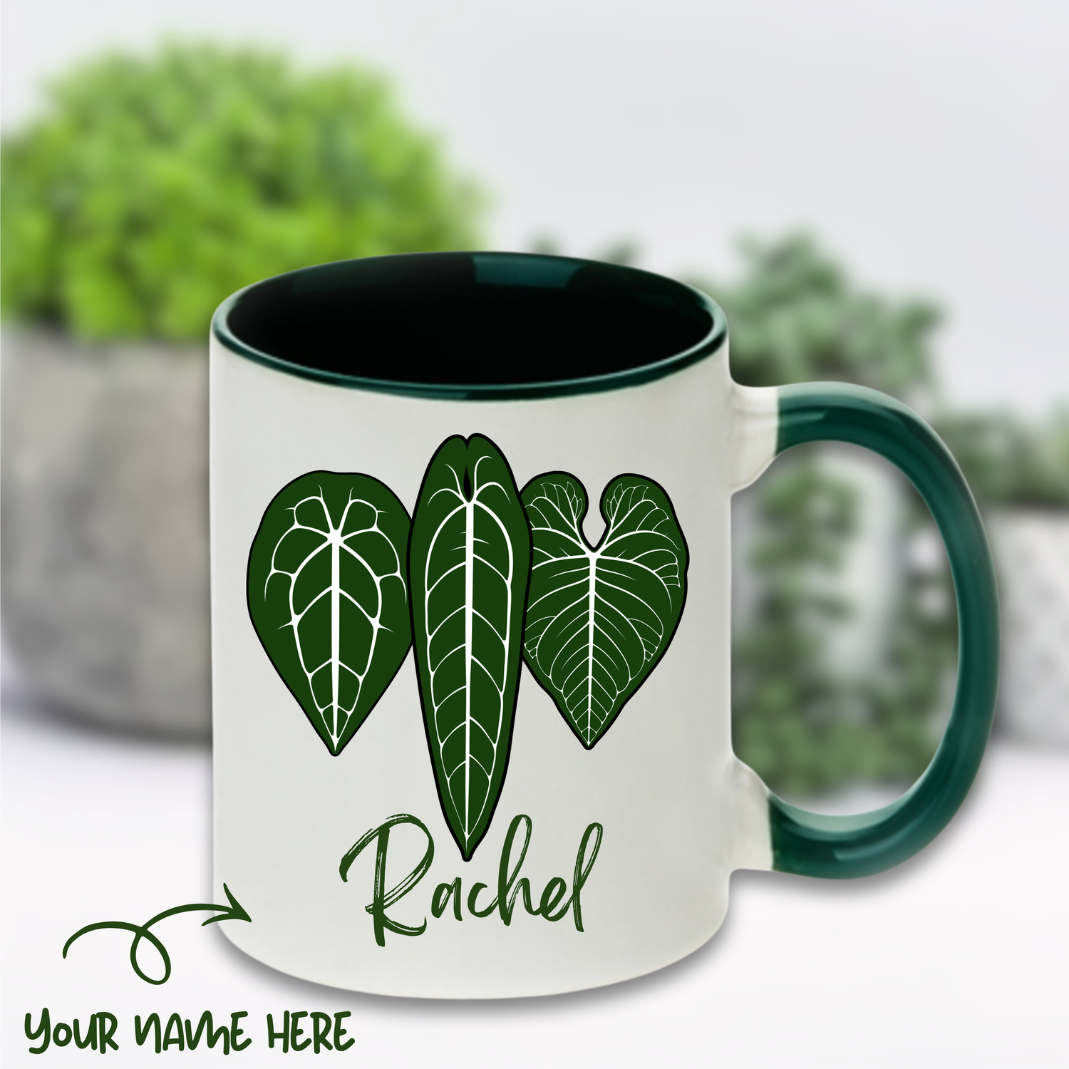Anthurium Trio Personalised 11oz Ceramic Houseplants Mug Green or white
