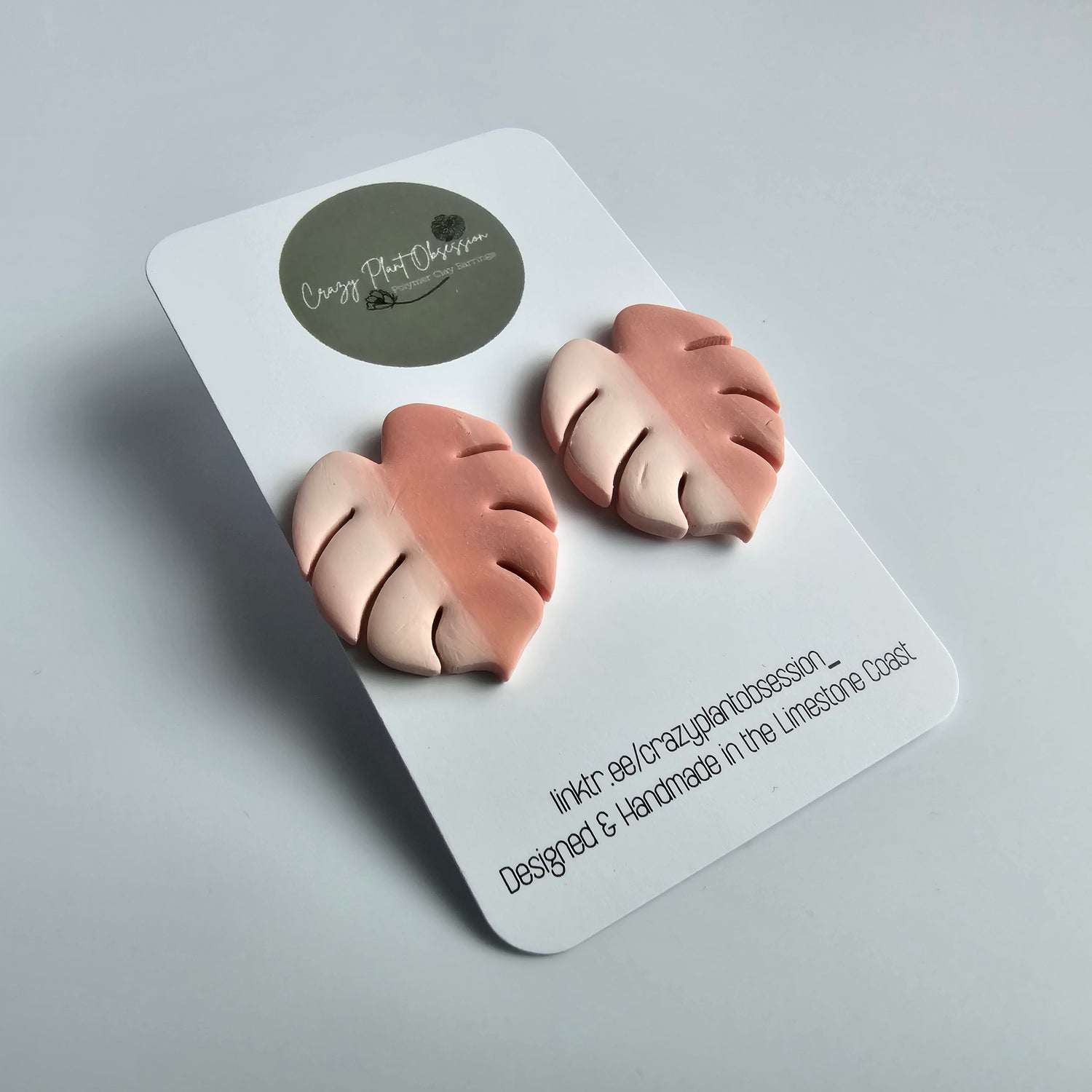 Monstera Leaf Pink Polymer Clay Stud Earrings