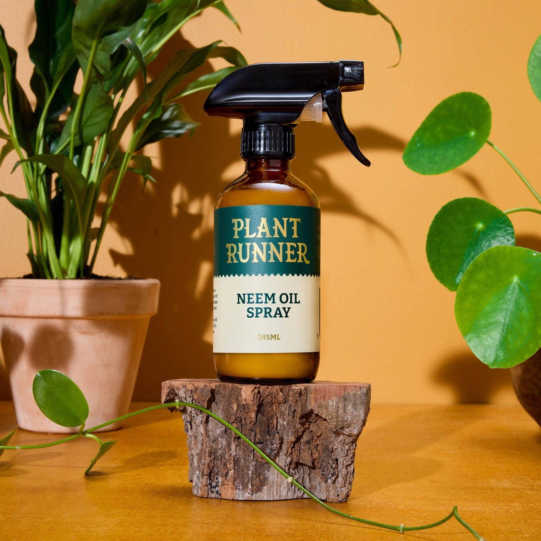Plant Runner Neem Oil Spray bottle on a wooden block with plants in the background