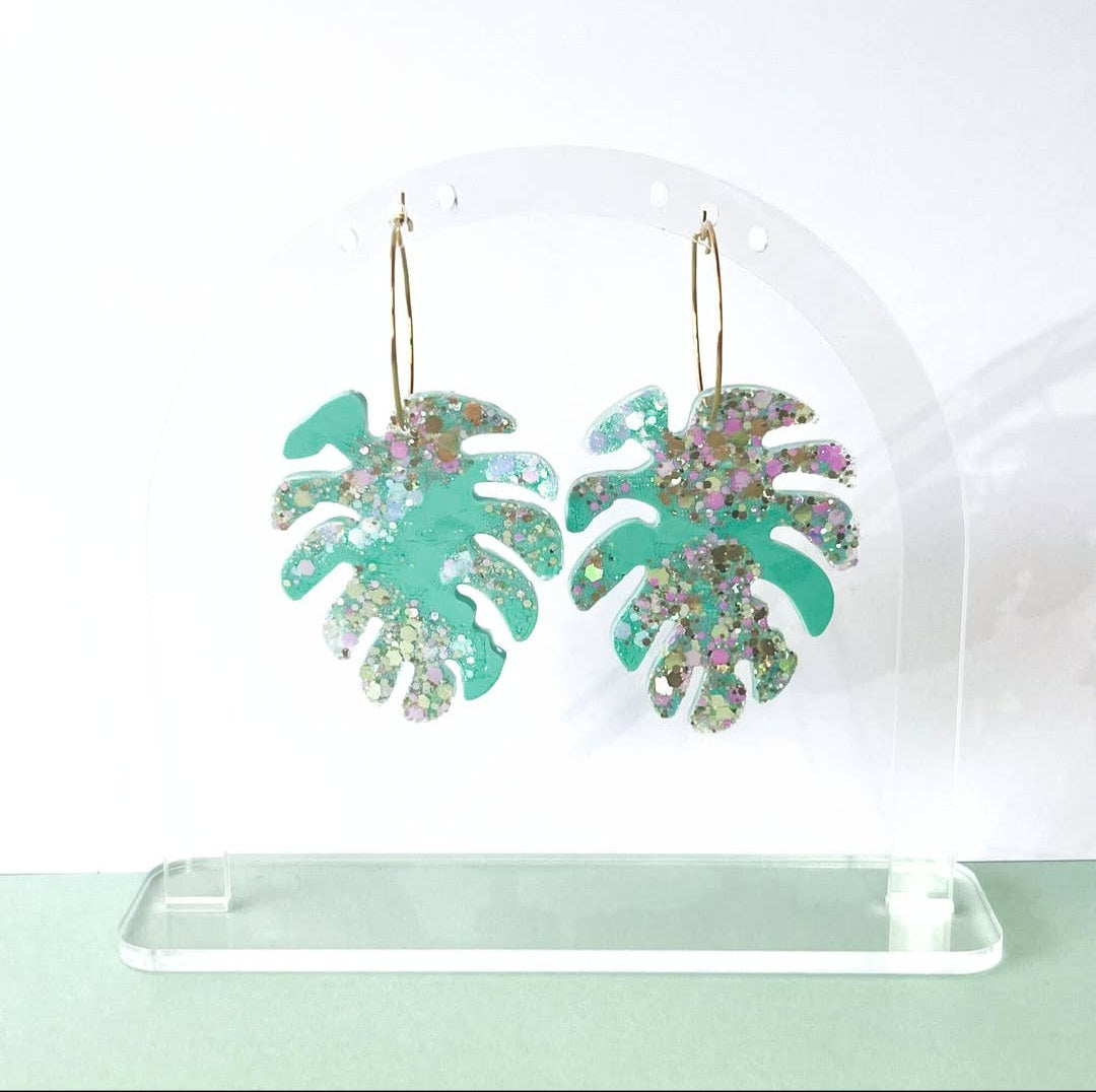 Monstera Leaf Glitter Resin Hoop Plant Earrings