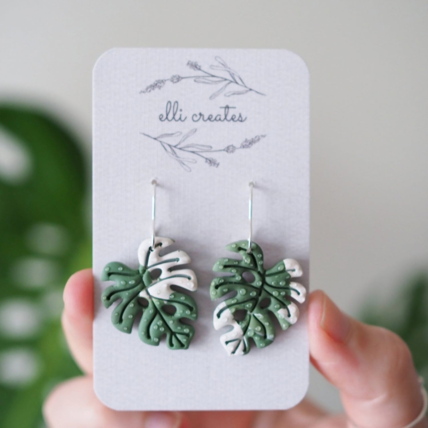 Monstera Leaf Variegated Polymer Clay Plant Earrings