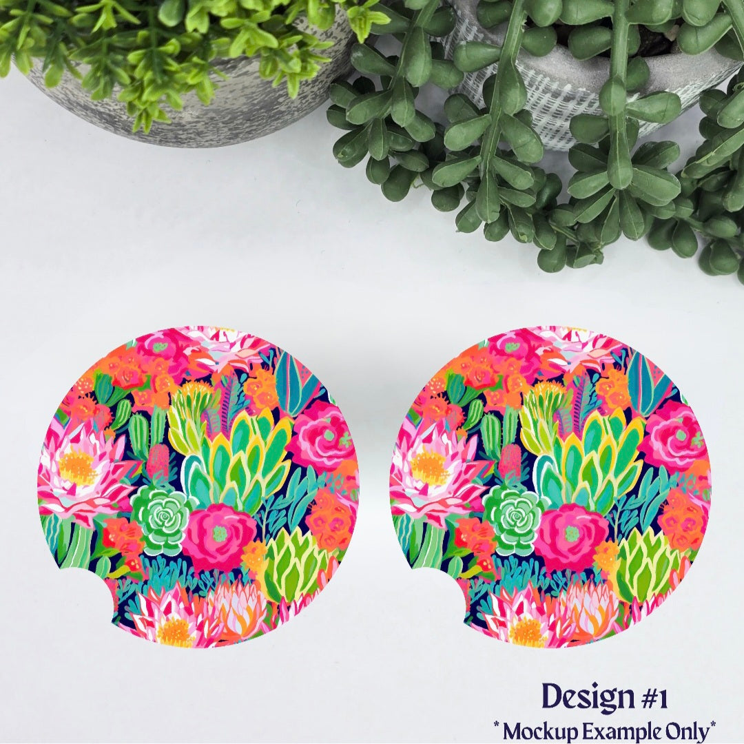 Vibrant Succulent & Cacti Houseplant Car Coasters - Set of 2, 8 Designs to choose from