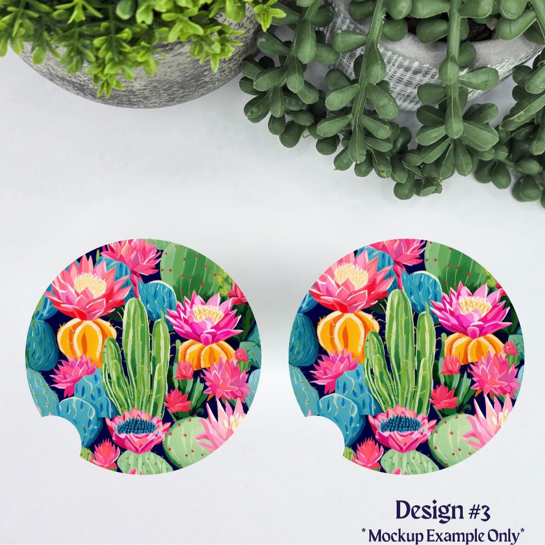 Vibrant Succulent & Cacti Houseplant Car Coasters - Set of 2, 8 Designs to choose from