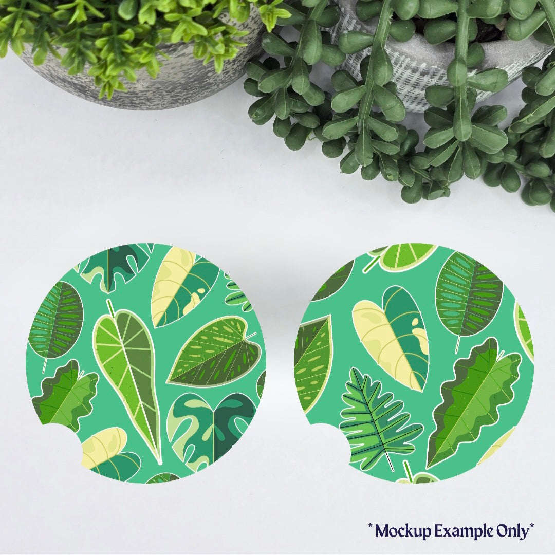 Geometrical Variegated Leaves Houseplant Car Coasters - Set of 2, in Teal or White