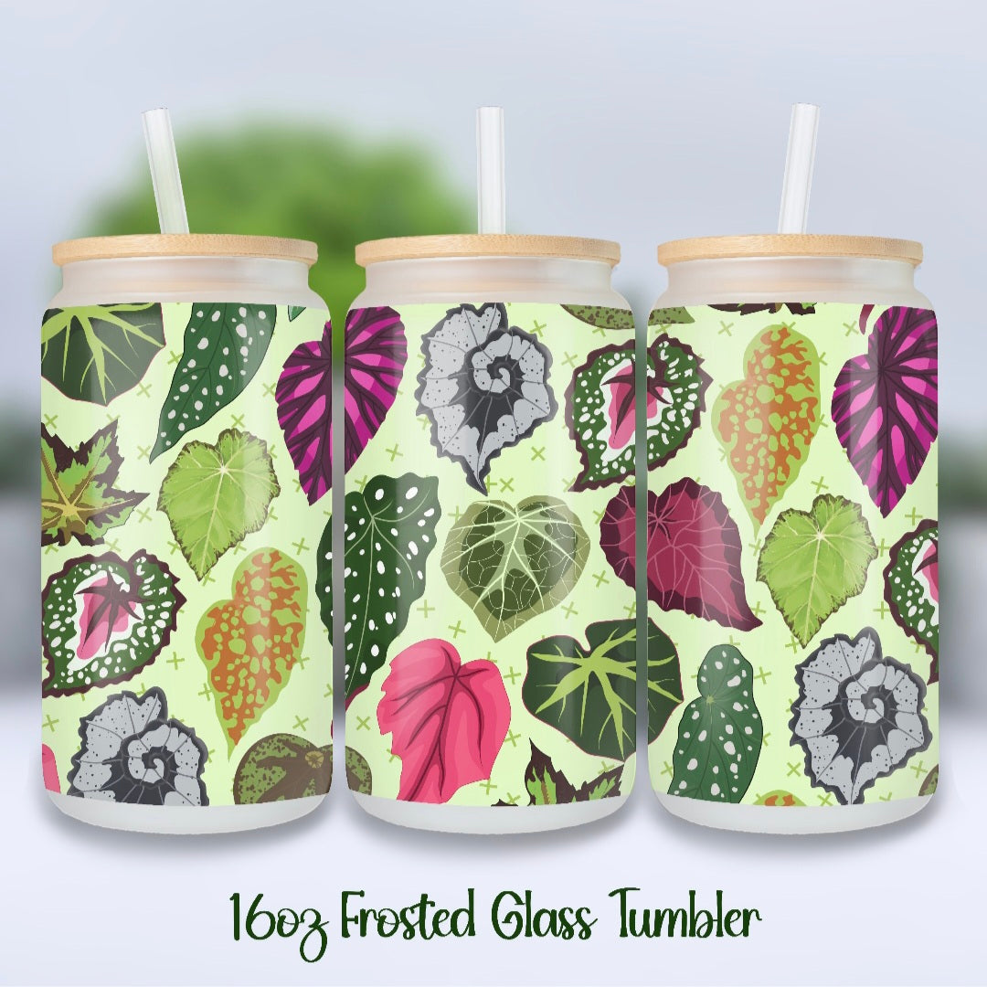 Beautiful Begonia Leaves 16oz Frosted Glass Houseplant Tumbler with Glass Straw