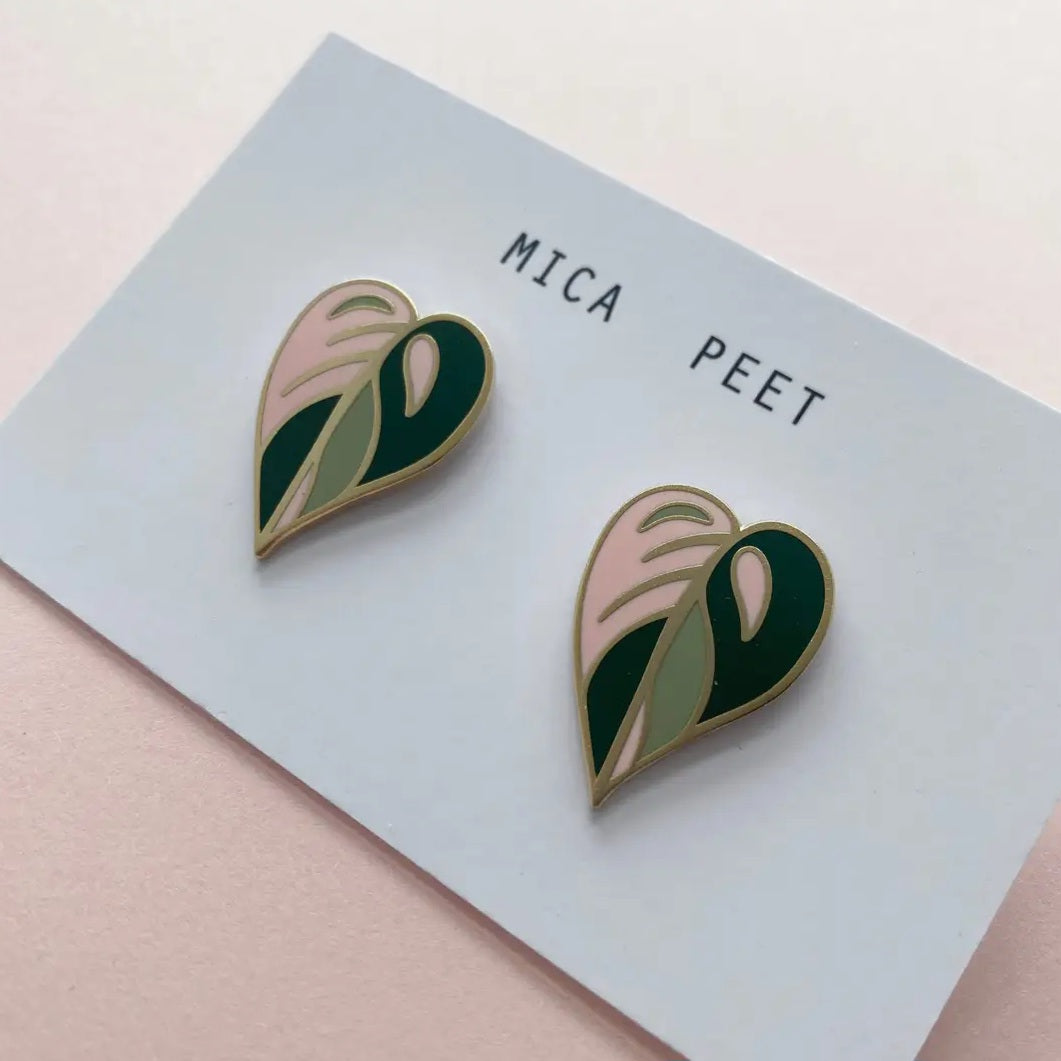 Philodendron Pink Princess Leaf Stud Enamel Earrings