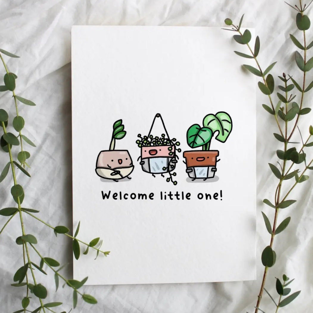 Welcome Little One baby kawaii potted houseplants New Baby Greeting Card