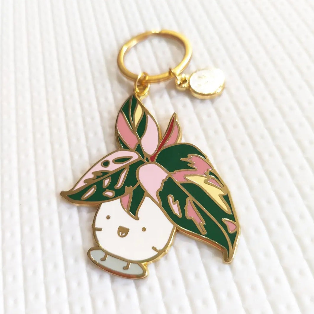 Gold Philodendron Pink Princess Kawaii Houseplant Metal Keyring