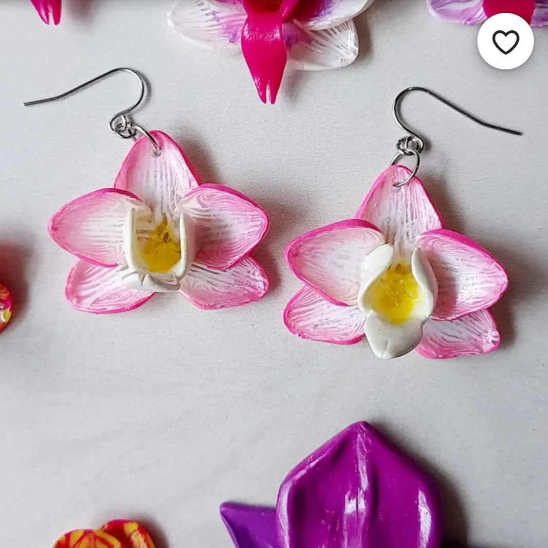 Pink & White Orchid Dangle Houseplant Clay Earrings