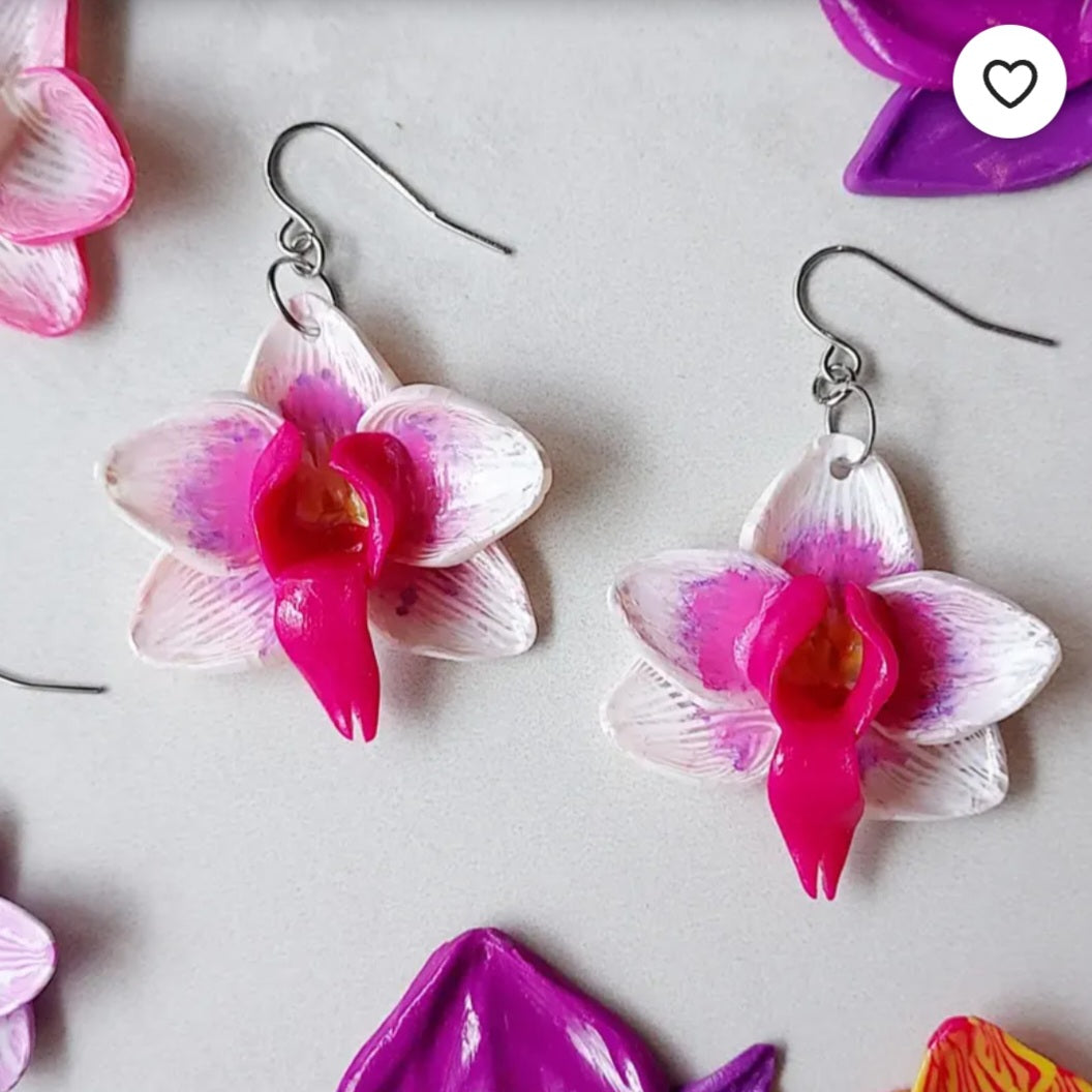 Fuchsia Orchid Dangle Houseplant Clay Earrings