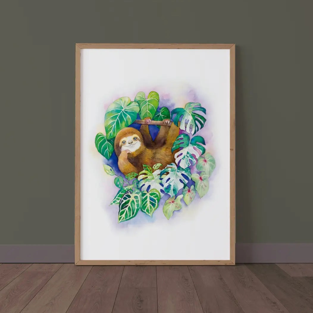 Sloth with Rare Houseplants, Anthurium, Monstera Albo, Watercolour Art Print / Wall Unframed