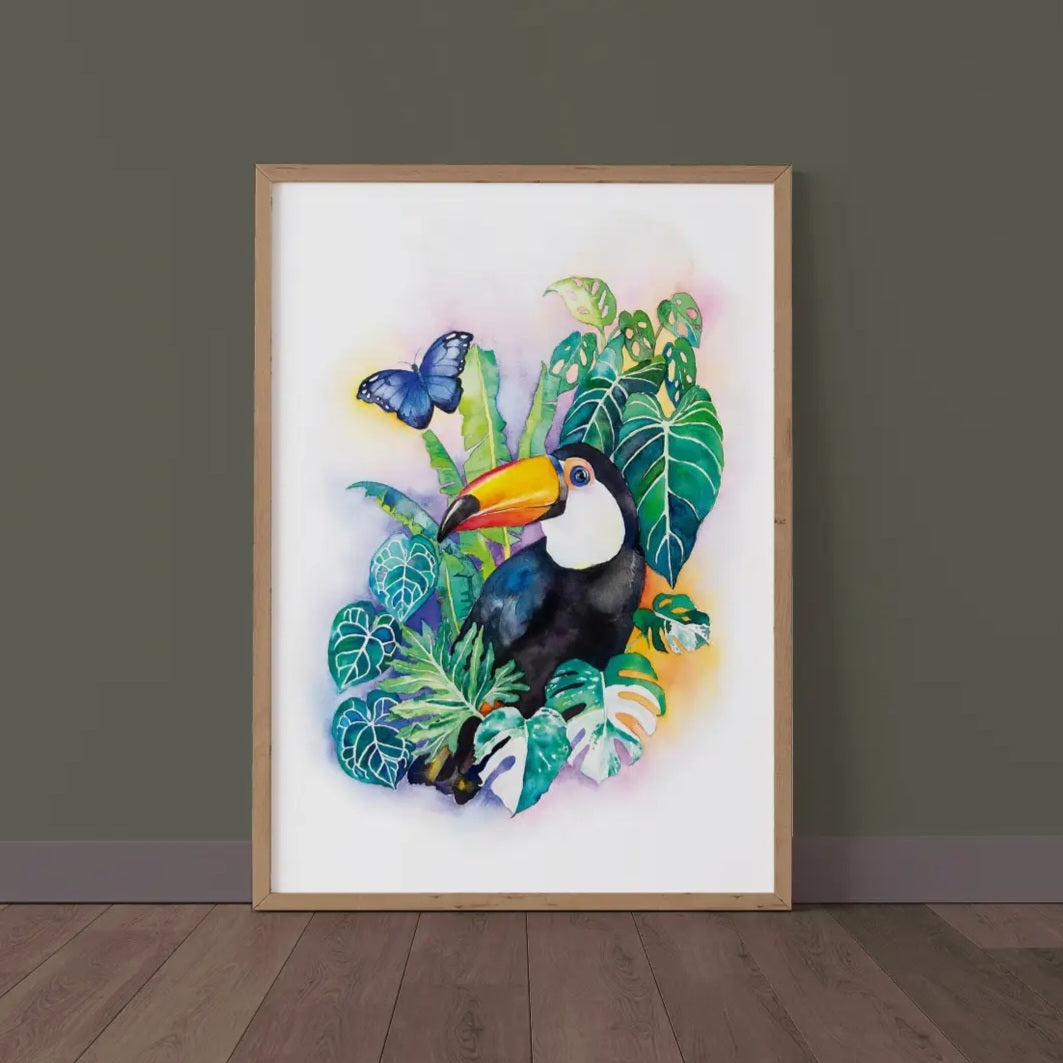 Toucan with Rare Houseplants, Anthurium, Monstera Albo, Watercolour Art Print / Wall Unframed
