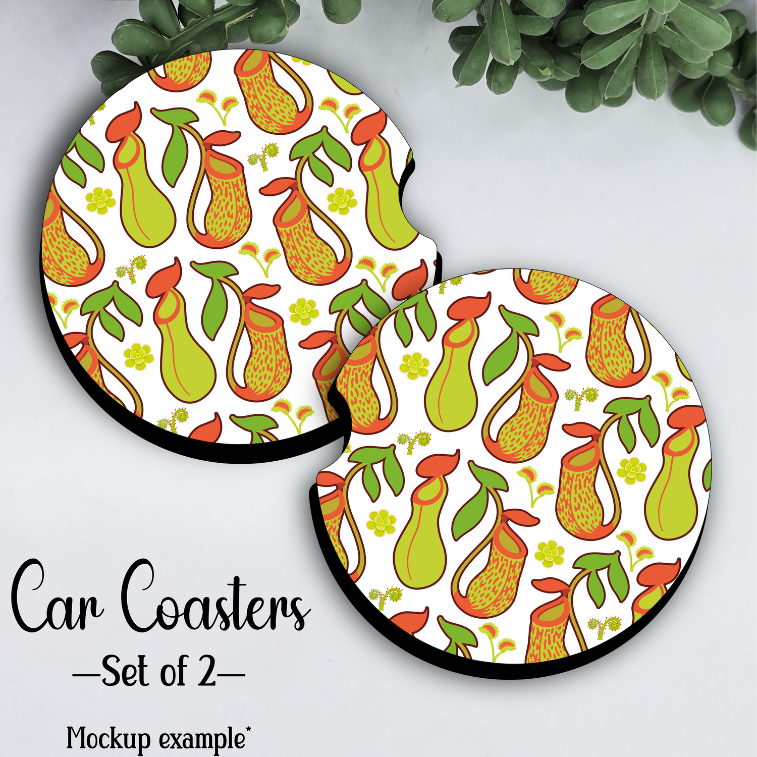 Pitcher & Carnivorous Plants Car Coasters | Set of 2 | 2 Designs | Car Cup Holder Accessories