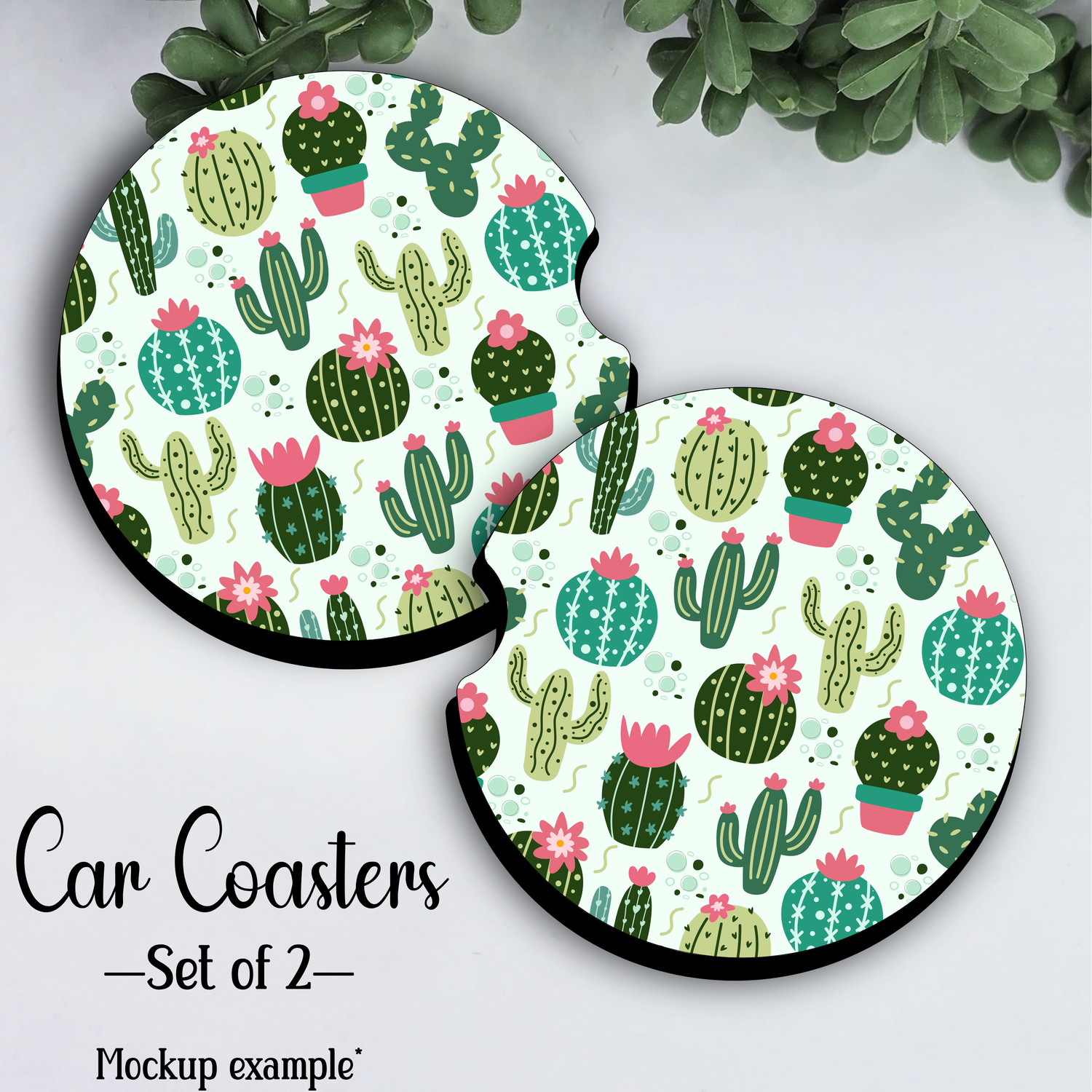 Cacti Confetti Cactus Car Coasters - Set of 2, Pink or Green | Car Cup Holder Accessories