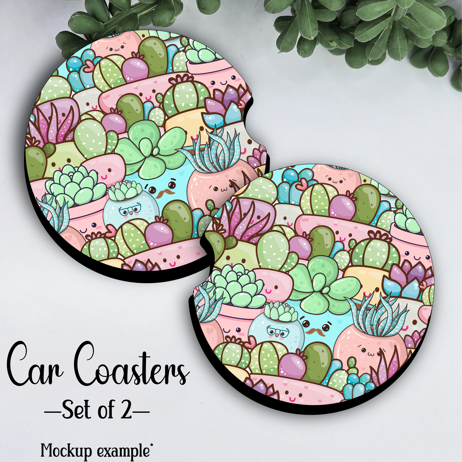 Succulent Sorbet Car Coasters - Set of 2, Car Cup Holder Accessories