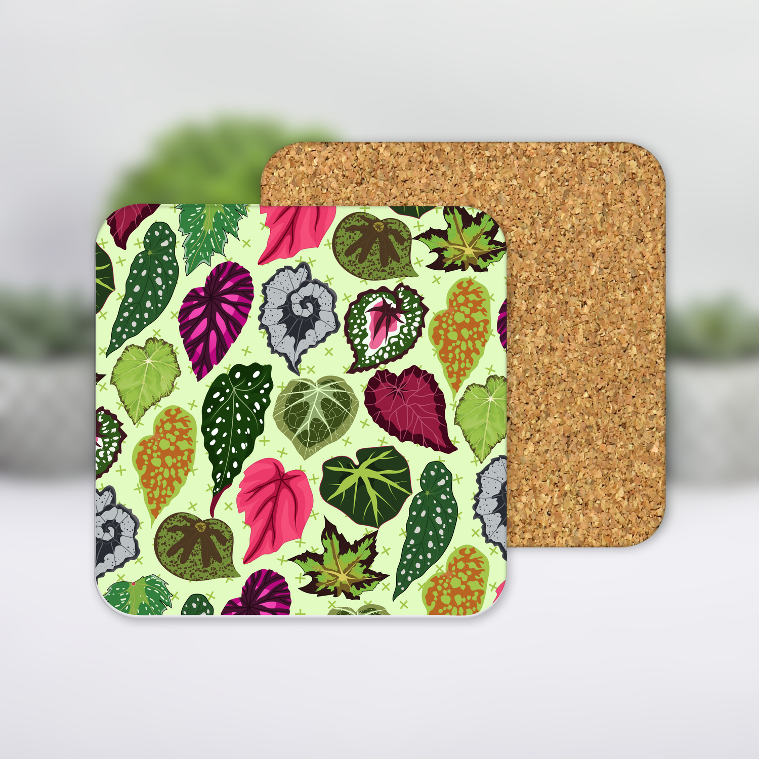 'Beautiful Begonia' Square Houseplant MDF Coaster with cork backing