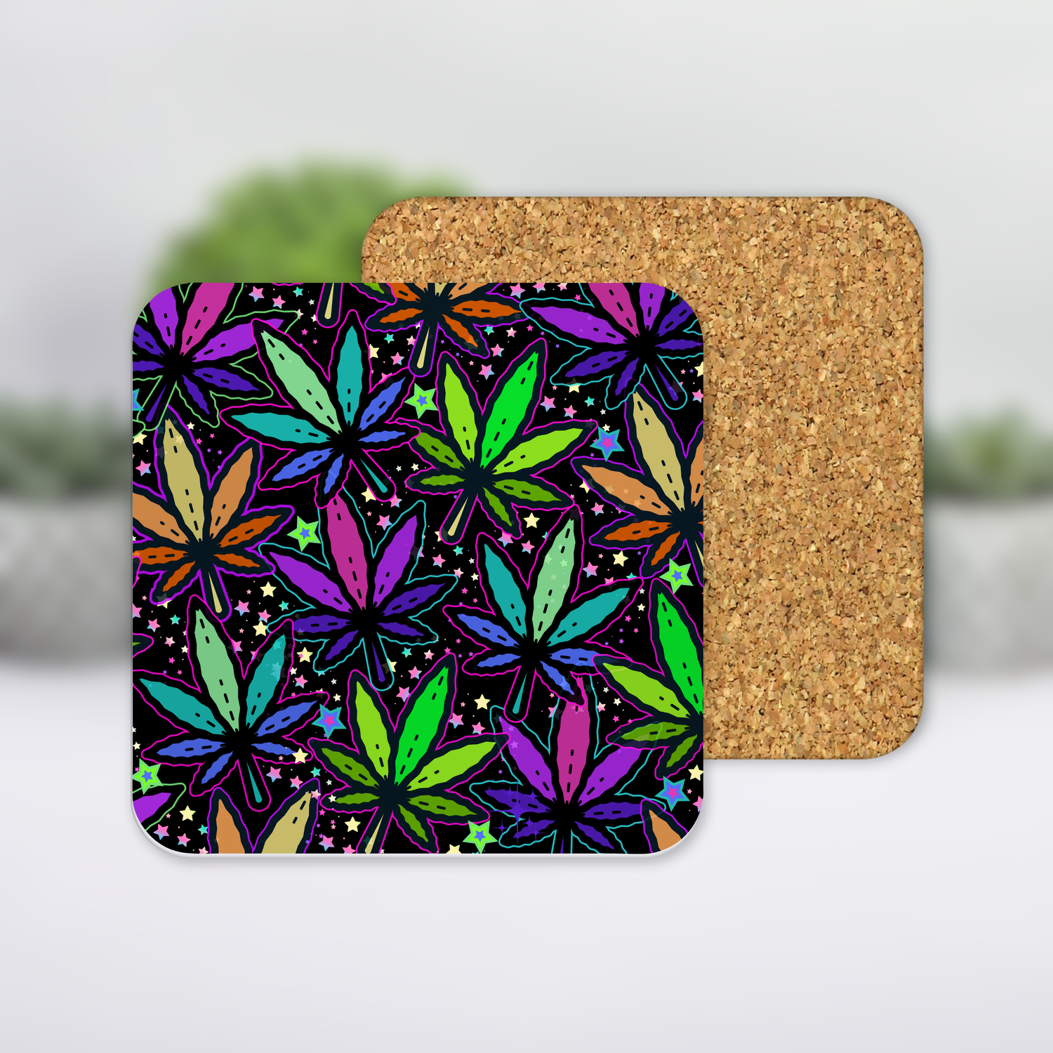 Rainbow Marijuana | Weed Leaf Square Rare Plant MDF Coaster with cork backing