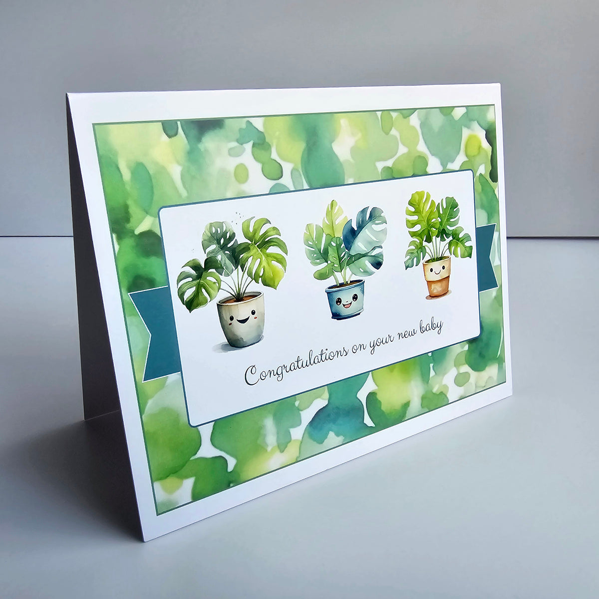 Watercolour houseplants new baby greeting card