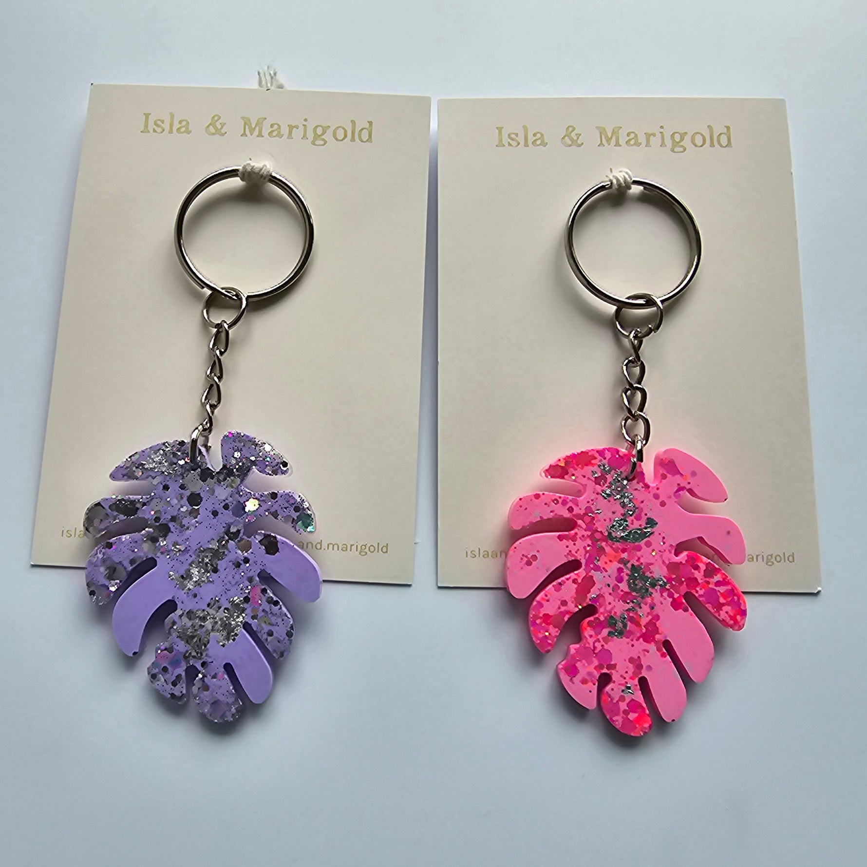 Monstera leaf colourful glitter resin keyrings